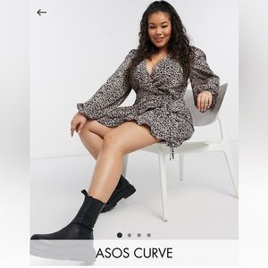 ASOS DESIGN Curve mini wrap dress with balloon sleeves in animal print